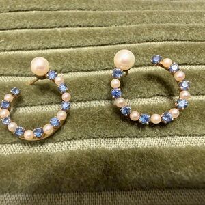Elegant Pearl and Blue Stone Hoop Earrings